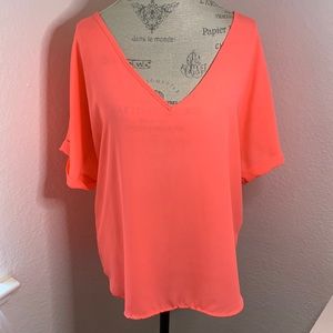 Lush Sheer Oversized Neon Pink V Neck Blouse